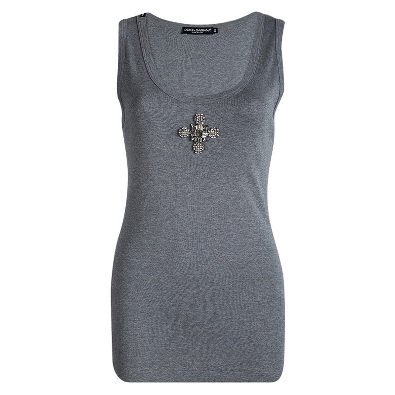 Pre Owned Dolce and Gabbana Grey Knit Crystal Embellished Sleeveless Tank Top M
