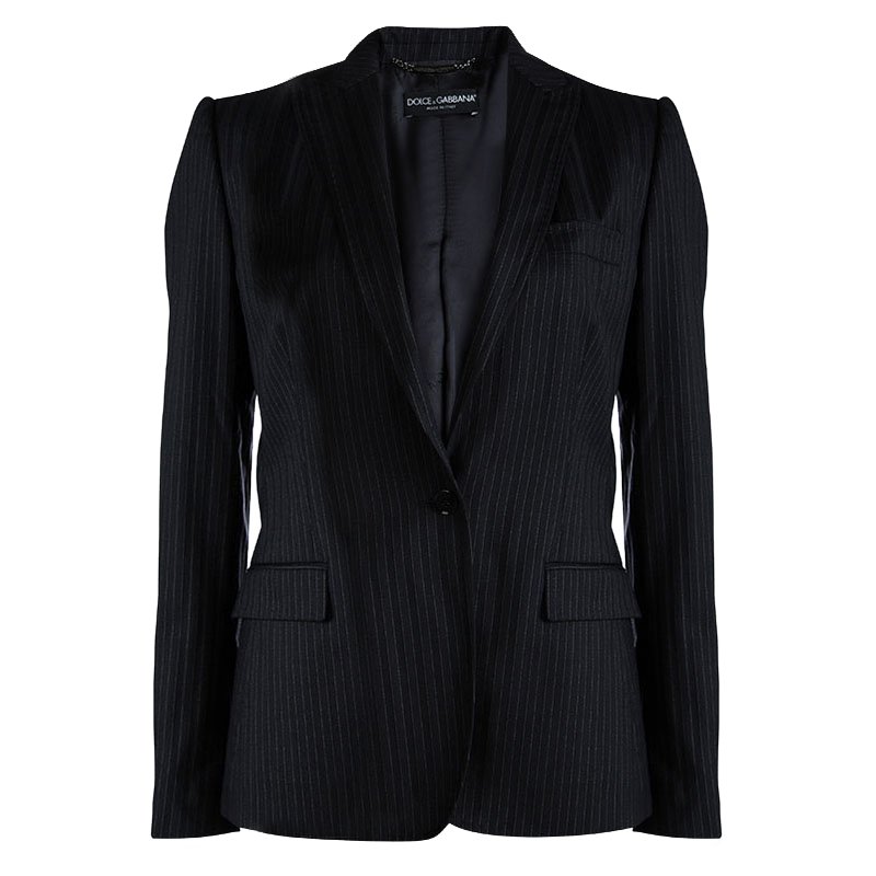 مملوكة مسبقًا Dolce and Gabbana Black Wool Pinstriped Notched Collar Blazer M