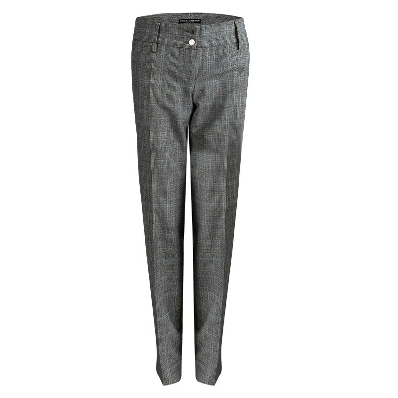 Pre Owned Dolce and Gabbana Grey Wool Glen Plaid Checked Trousers M