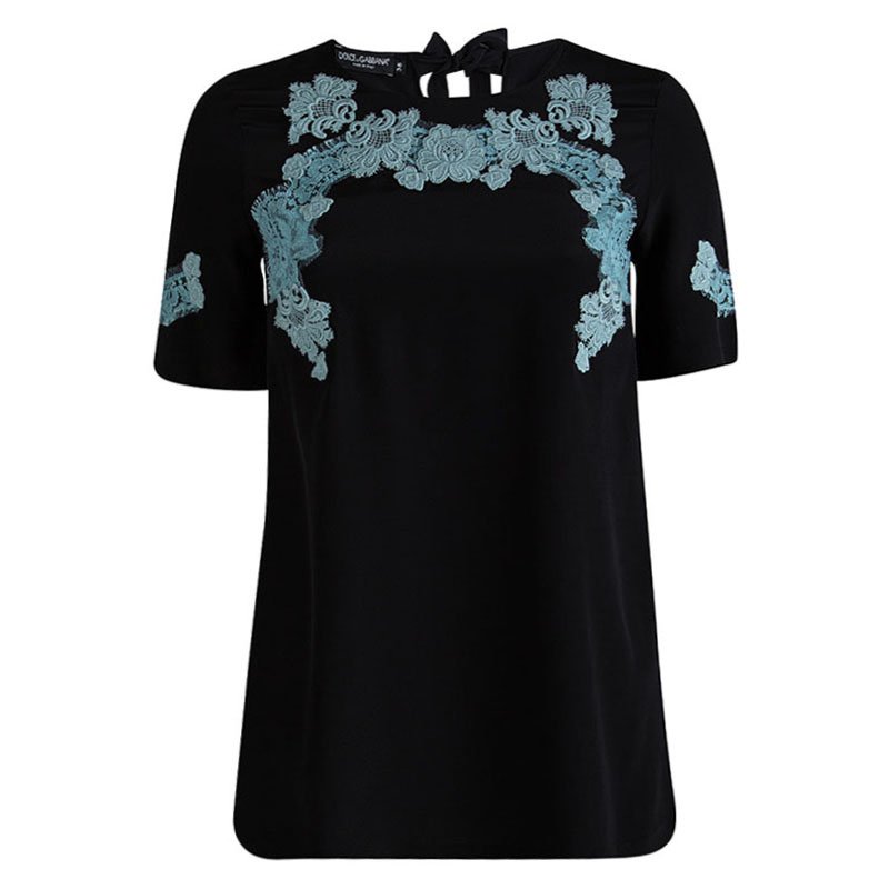 Pre Owned Dolce and Gabbana Black Silk Scallop Lace Detail Top S