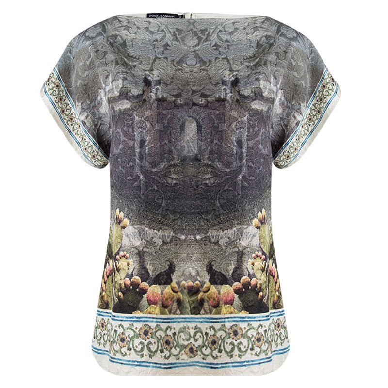 Pre Owned Dolce and Gabbana Multicolor Printed Jacquard Short Sleeve Top M