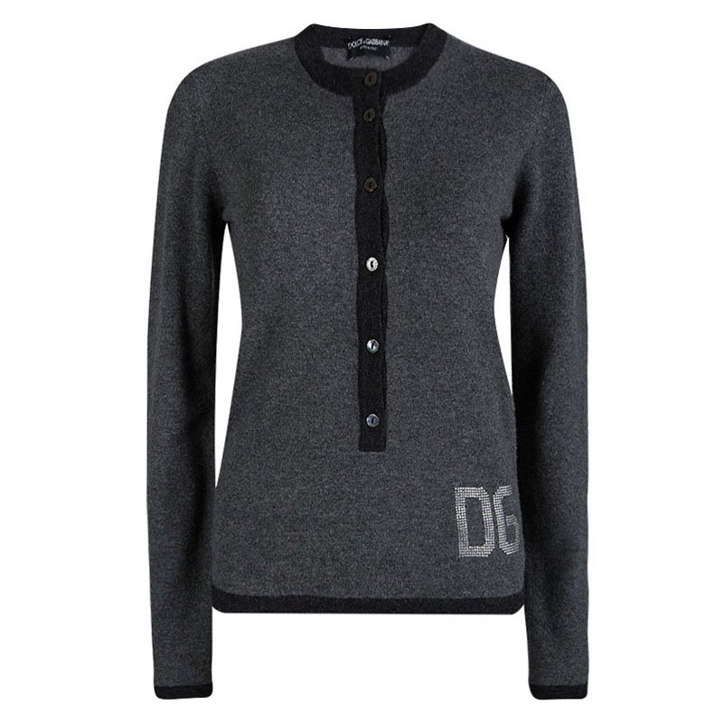 Pre Owned Dolce And Gabbana Grey Cashmere Embellished Logo Detail Sweater M