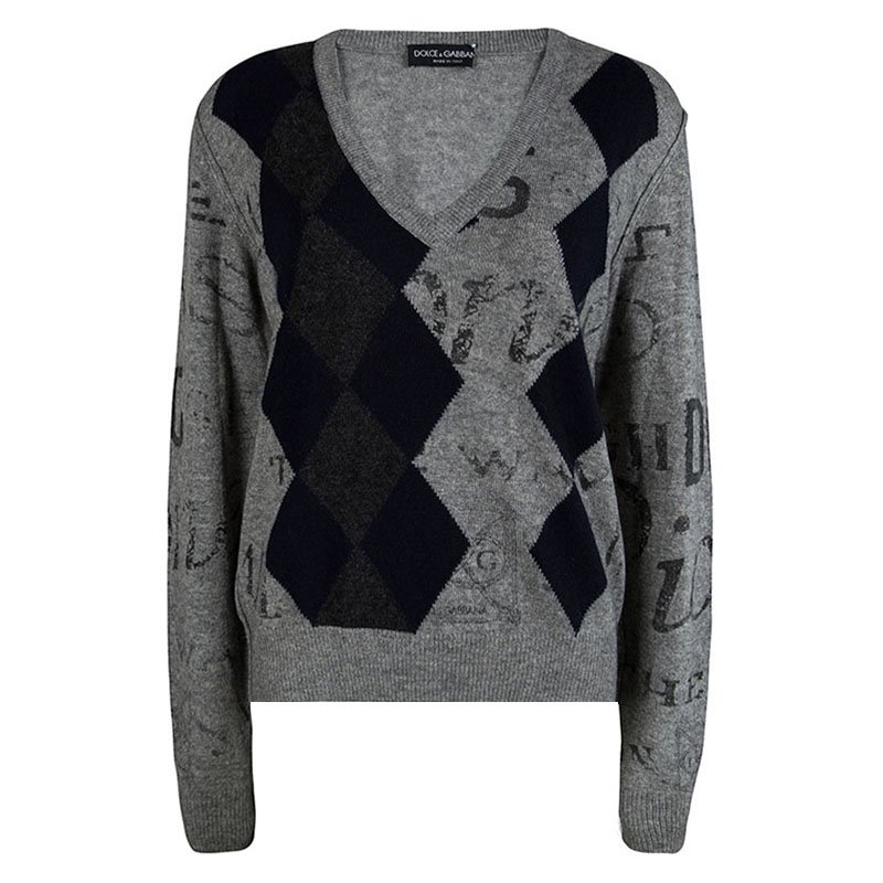Pre Owned Dolce And Gabbana Grey Argyle Pattern Sweater M