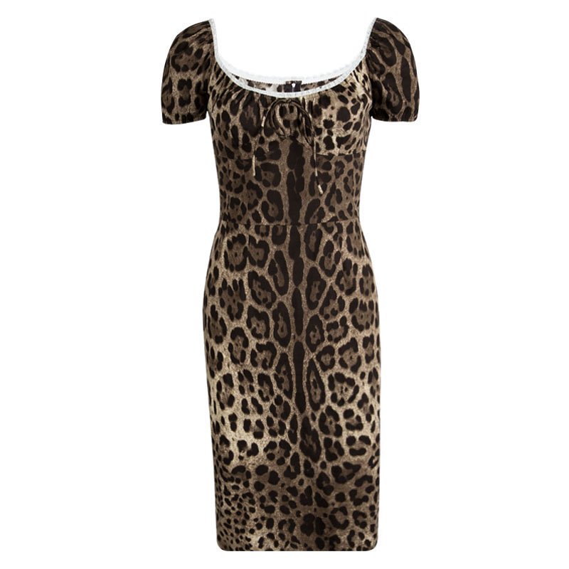 Pre Owned Dolce and Gabbana Leopard Printed Lace Trim Detail Dress S