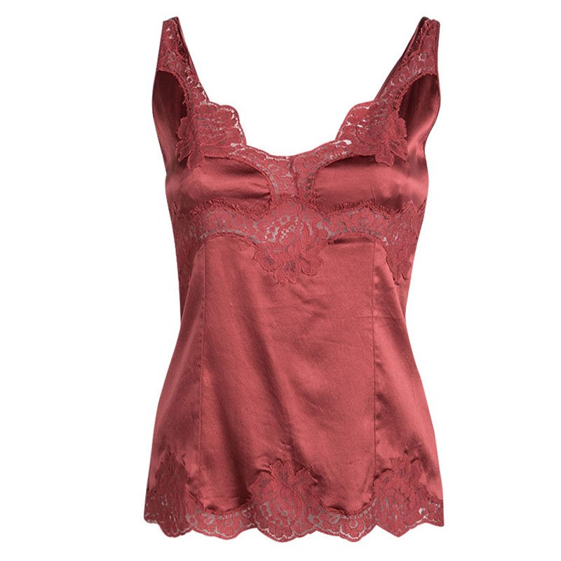 Pre Owned توب دولتشي أند غابانا حرير أحمر دانتيل مزين بلا أكمام M