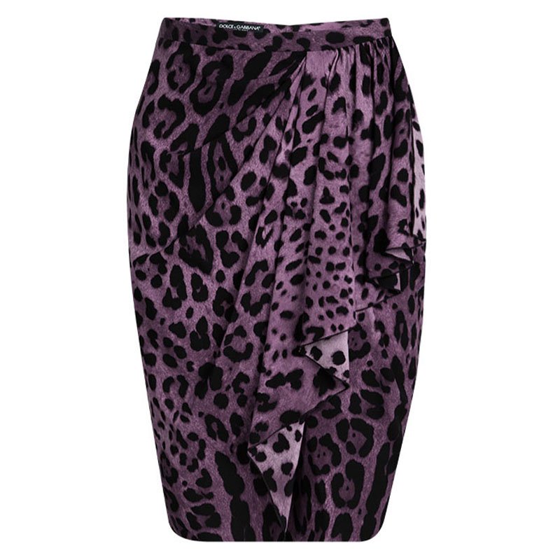 Pre Owned Dolce & Gabbana Purple Leopard Printed Silk Draped Ruffle Detail Skirt M