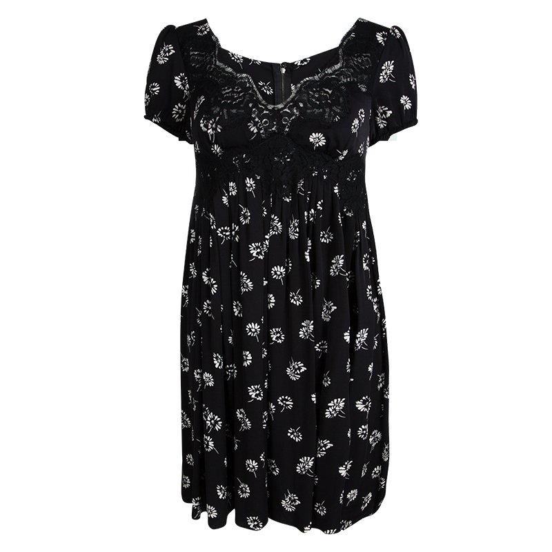 Pre Owned Dolce and Gabbana Black Printed Silk Scallop Lace Detail Dress S