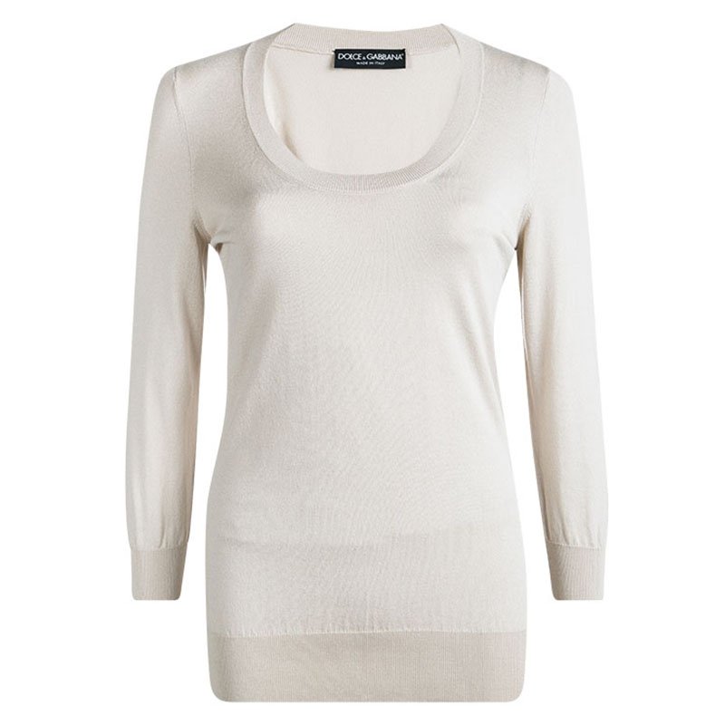 Pre Owned Dolce and Gabbana Beige Ribbed Trim Detail Long Sleeve Sweater M