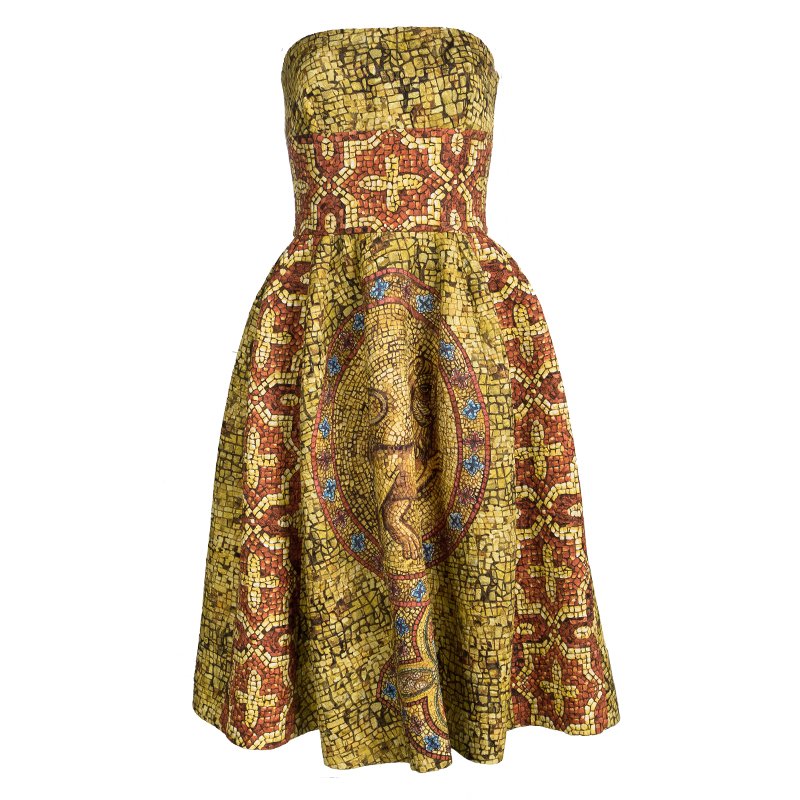 Dolce and Gabbana Multicolor Mosaic Printed Wool Strapless Dress M