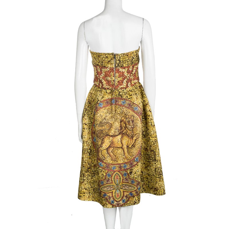 Dolce and Gabbana Multicolor Mosaic Printed Wool Strapless Dress M