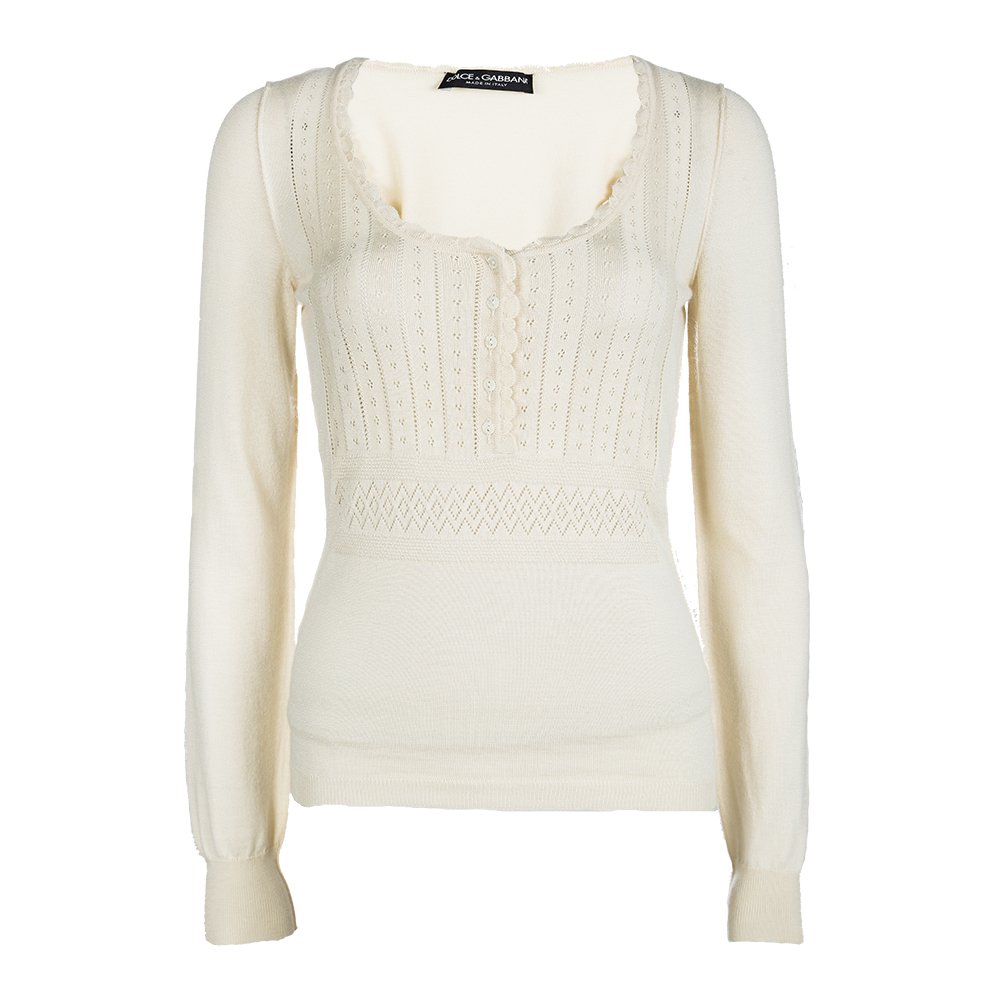 Pre Owned Dolce and Gabbana Cream Perforated Knit Detail Long Sleeve Sweater M