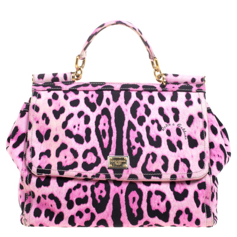 Dolce and Gabbana Pink Leopard Print Canvas Large Miss Sicily Top Handle Bag