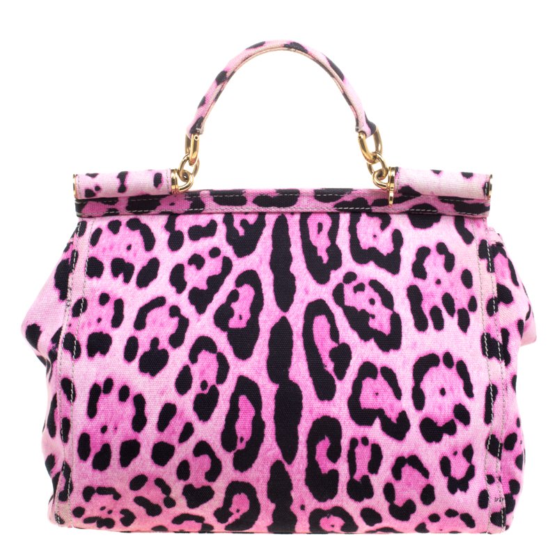 Dolce and Gabbana Pink Leopard Print Canvas Large Miss Sicily Top Handle Bag