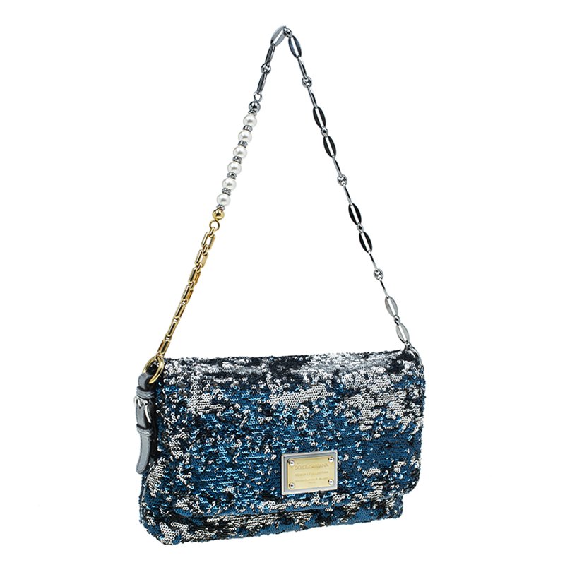 Dolce And Gabbana Blue Silver Sequin Miss Charles Shoulder Bag