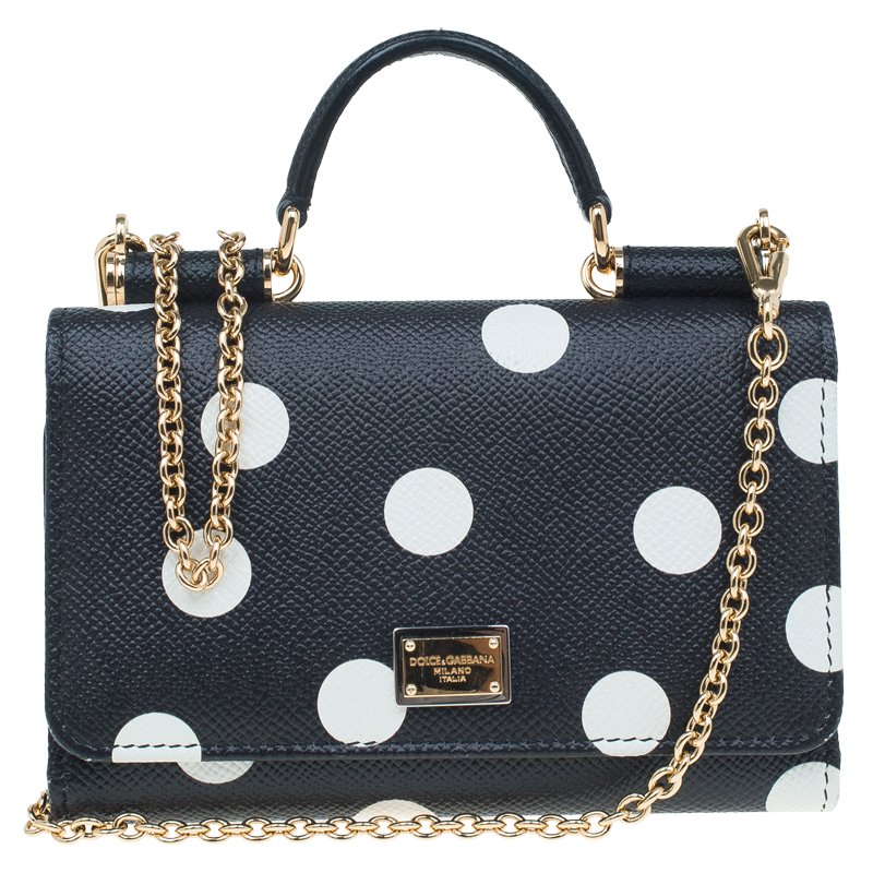 Pre Owned Dolce and Gabbana Black Polka Dot Leather Wallet on Chain