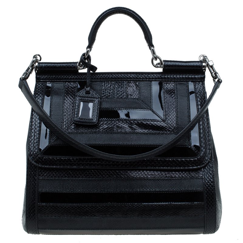 Pre Owned Dolce and Gabbana Black Python/Iguana Embossed Leather Large Miss Sicily Top Handle Bag