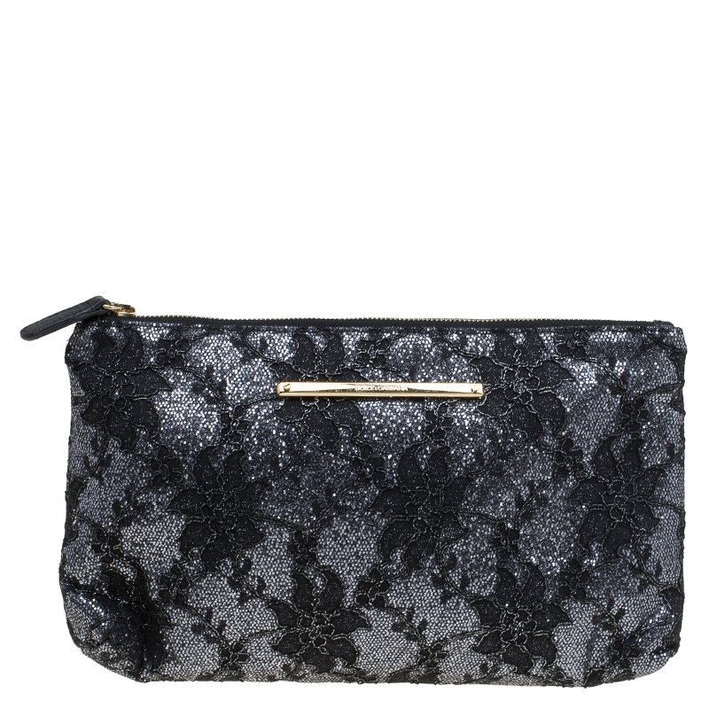 Pre Owned Dolce and Gabbana Black Floral Lace Clutch