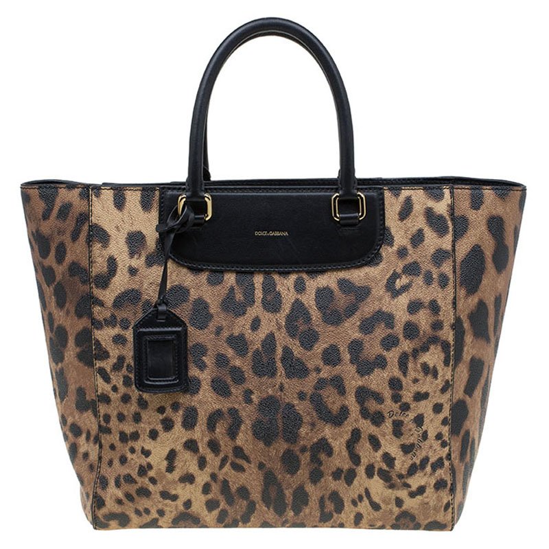 Pre Owned Dolce and Gabbana Black Leopard Print Leather Lucia Shopper Tote