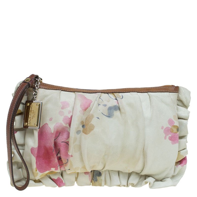 Pre Owned Dolce and Gabbana Cream Floral Print Leather Ruffle Zip Clutch