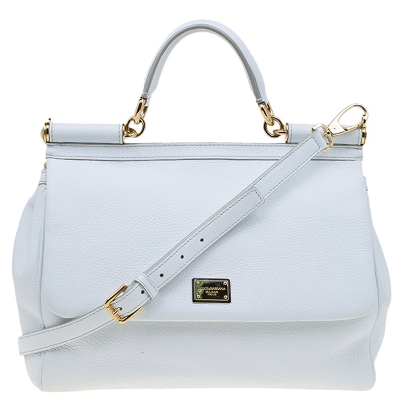 Pre Owned Dolce and Gabbana White Leather Medium Miss Sicily Top Handle Bag