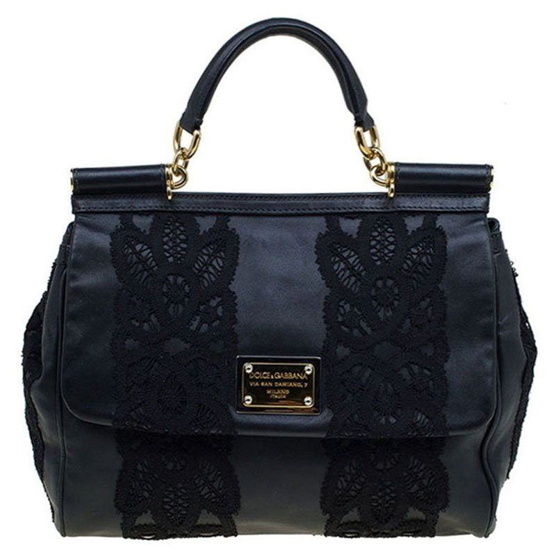 Pre Owned Dolce and Gabbana Black Lace and Leather Medium Miss Sicily Tote