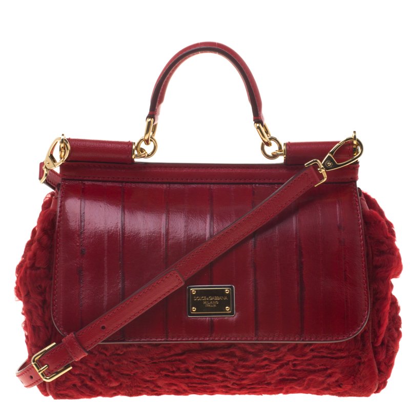 Dolce and Gabbana Red Leather and Fur Medium Miss Sicily Satchel