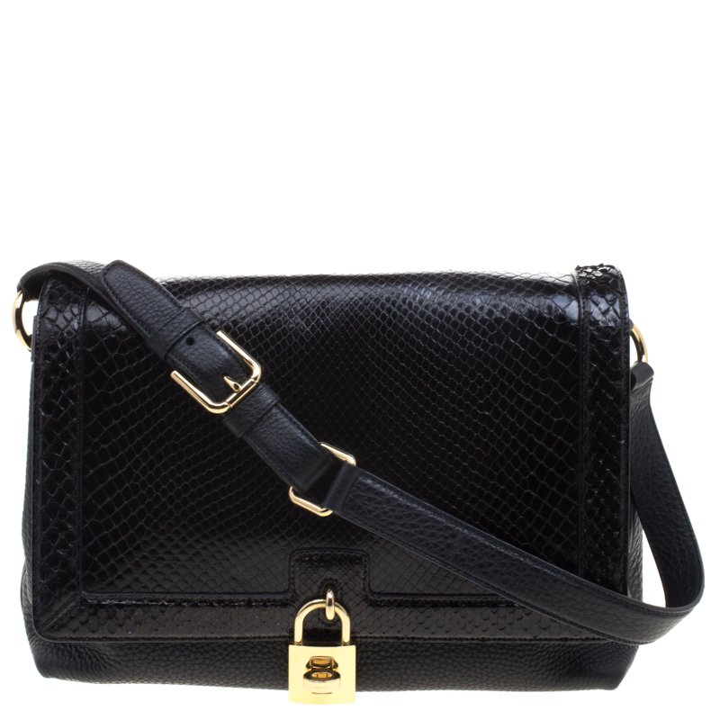 Dolce and Gabbana Black Python and Leather Padlock Shoulder Bag