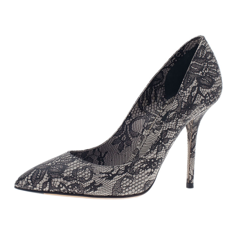 Pre Owned Dolce and Gabbana Black Lace Print Pointed Toe Pumps Size 38