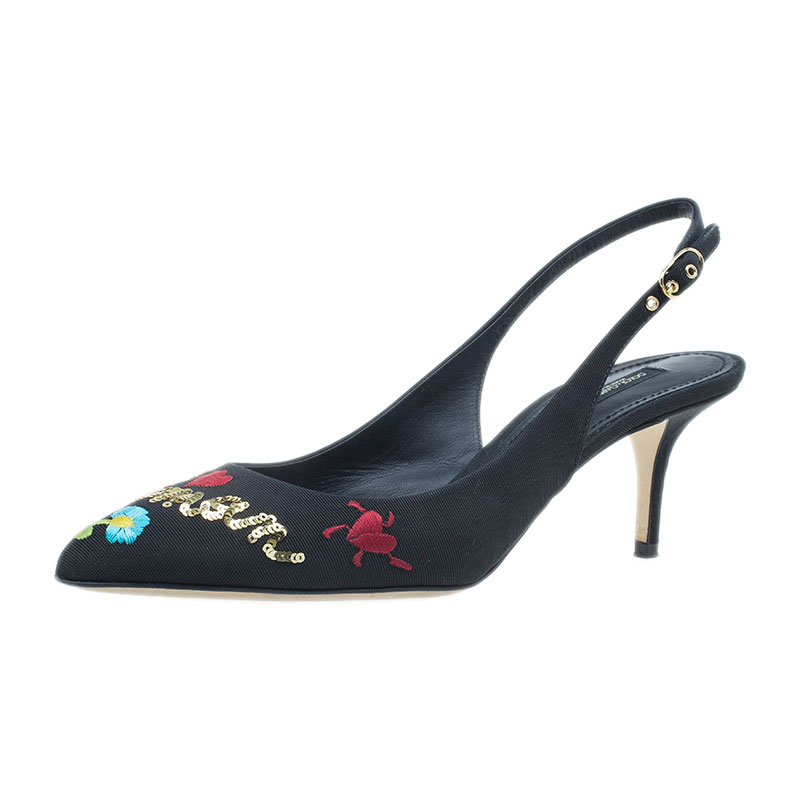 Pre Owned Dolce and Gabbana Black Je Taime Maman Sequined Grosgrain Slingback Sandals Size 40 