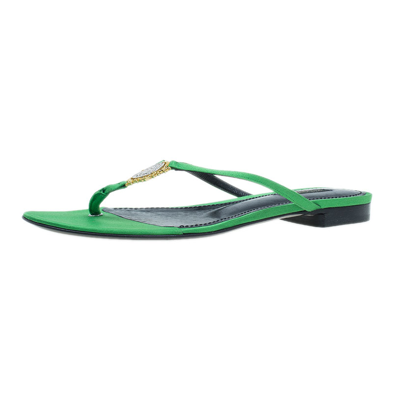 Pre Owned Dolce and Gabbana Green Satin Thong Sandals Size 38.5