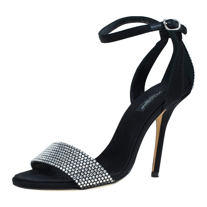 Pre Owned Dolce and Gabbana Black Embellished Satin Ankle Strap Sandals Size 37