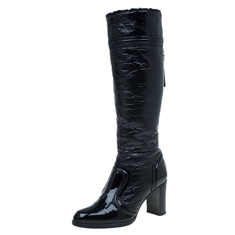 Pre Owned Dolce and Gabbana Black Patent Knee Boots Size 39