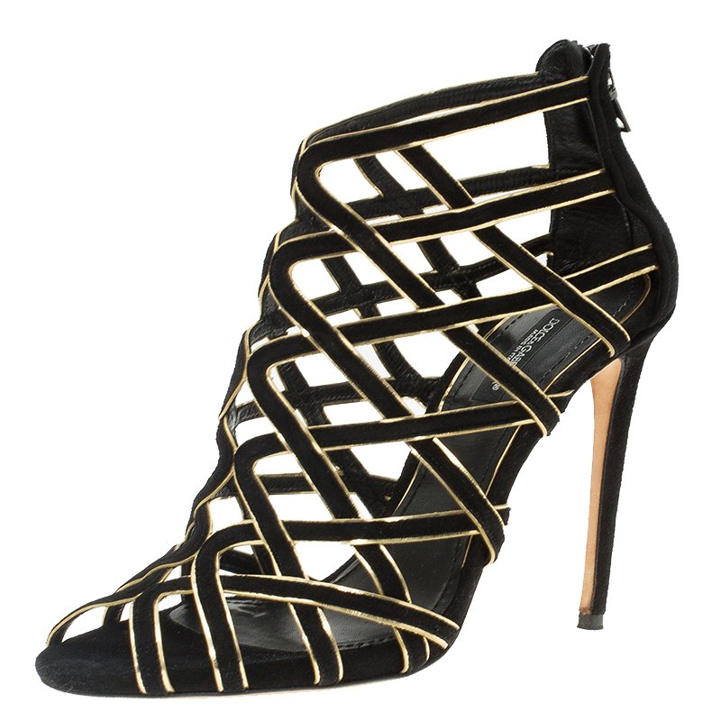 Pre Owned Dolce and Gabbana Black Suede and Gold Leather Strappy Sandals Size 38