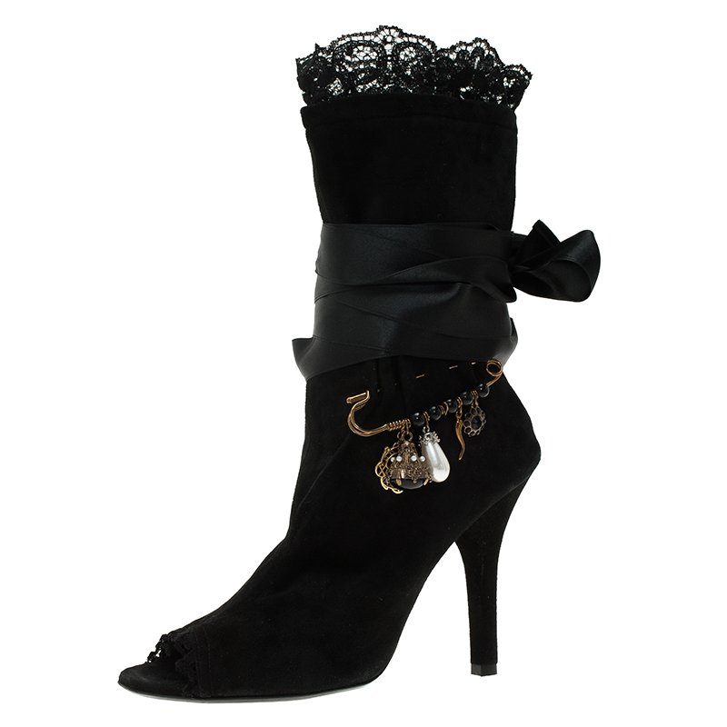 Dolce and Gabbana Black Suede Charm Tie Around Peep Toe Ankle Boots Size 36