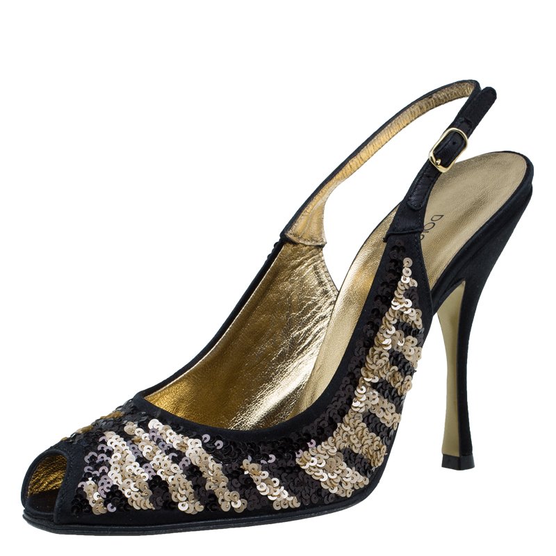 Pre Owned Dolce and Gabbana Black and Beige Sequins Slingback Sandals Size 36.5