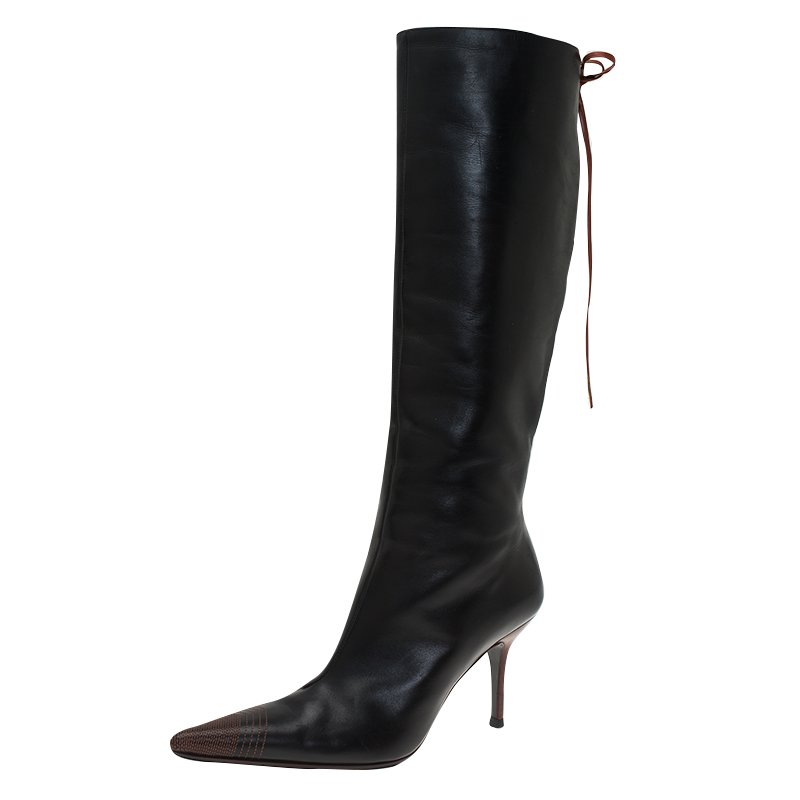 مملوكة مسبقًا Dolce and Gabbana Black and Brown Leather Pointed Knee Boots Size 38