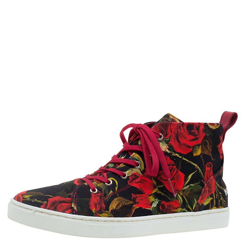 Dolce and Gabbana Red Canvas Floral Print High Top Sneakers Size 38