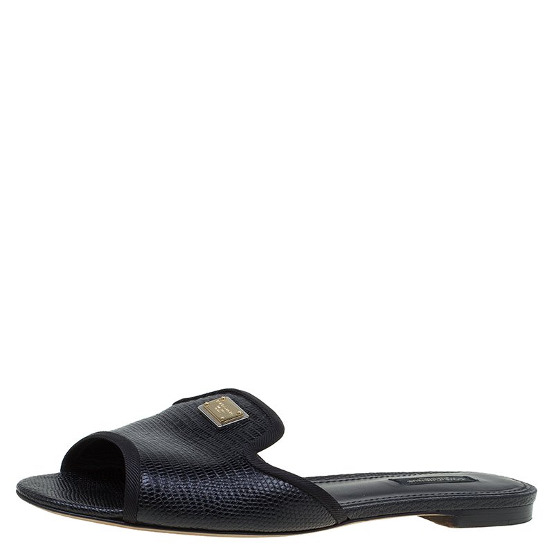 Pre Owned Dolce and Gabbana Black Leather Sofia Slides Size 38