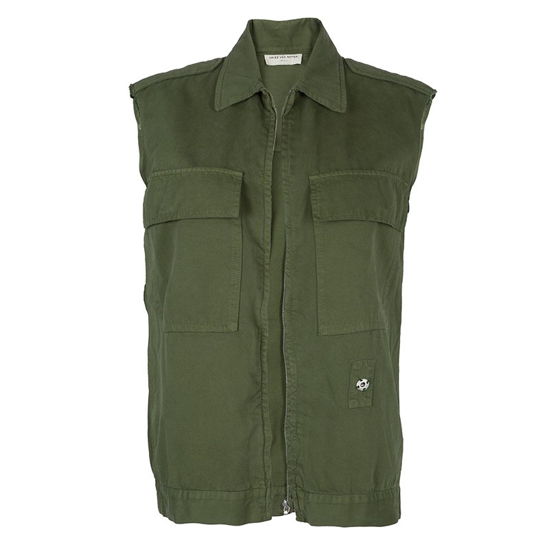 Pre Owned Dries Van Noten Olive Green Patch Pocket Detail Zip Front Vest M