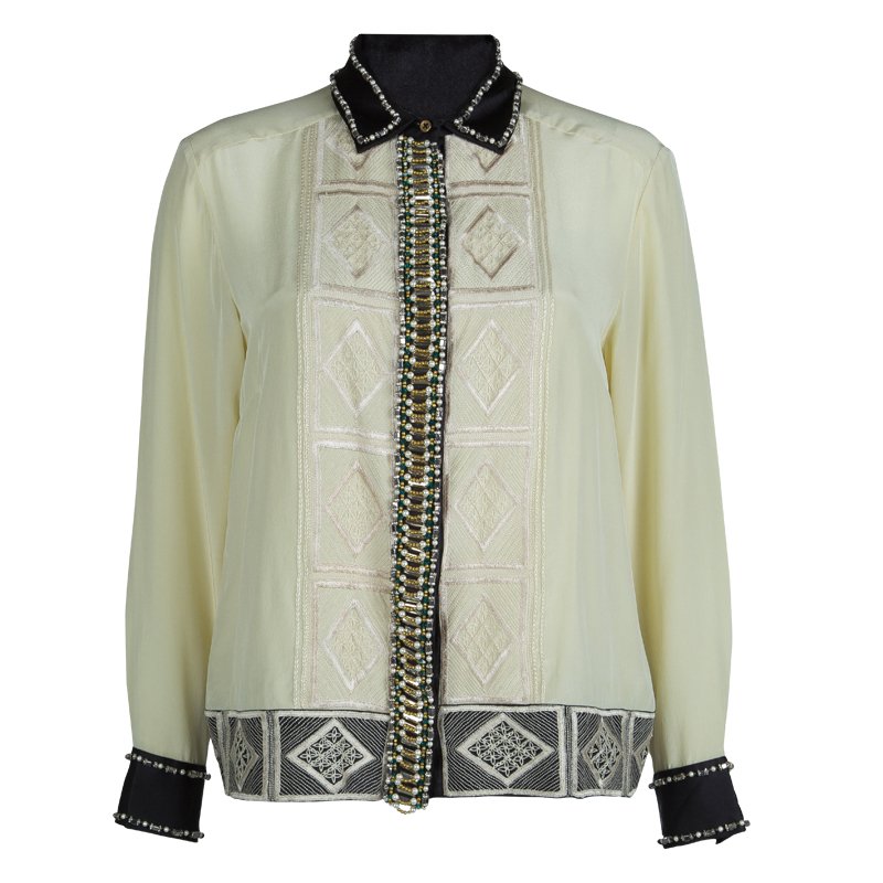 Dries Van Noten Cream Silk Embroidered Embellished Long Sleeve Shirt M