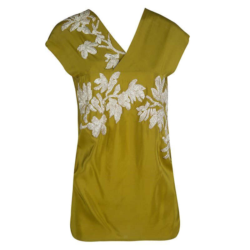 Pre Owned Dries Van Noten Olive Green Silk Embroidered Backless Sleeveless Top M