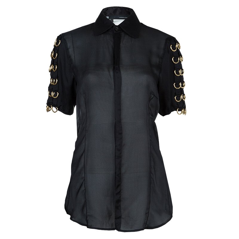 Pre Owned Dsquared2 Black Silk Gold D-Ring Embellishment Detail Sheer Blouse M