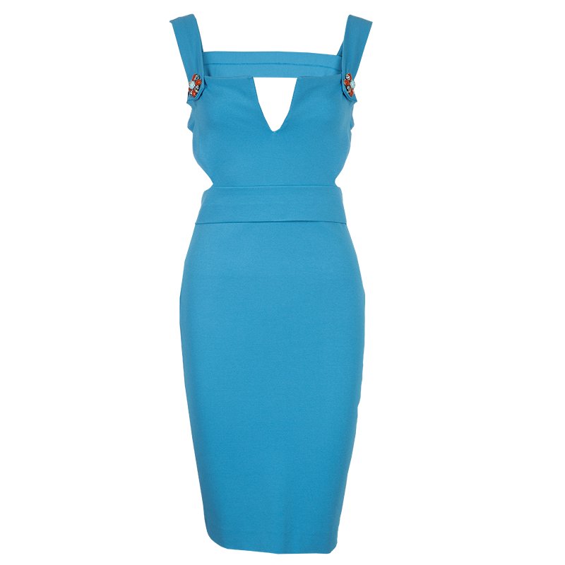 Dsquared2 Blue Knit Cutout Backless Embellished Sleeveless Dress M