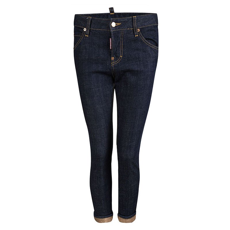 Pre Owned Dsquared2 Blue Dark Wash Denim Cropped Metallic Hem Jeans S