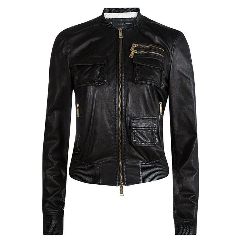 Pre Owned Dsquared2 Black Lamb Leather Bomber Jacket M