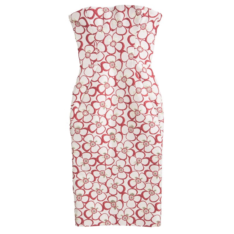 Pre Owned Dsquared2 Cream and Red Floral Lurex Jacquard Strapless Dress S