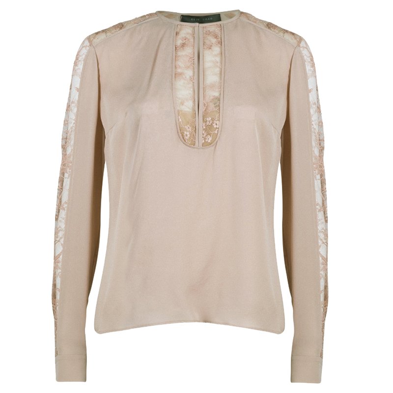 Pre Owned Elie Saab Nude Silk Lace-Detail Full Sleeve Top M