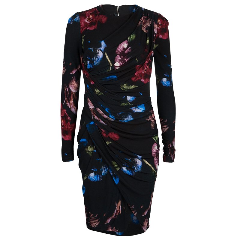 Pre Owned Elie Saab Black Floral Print Dress M