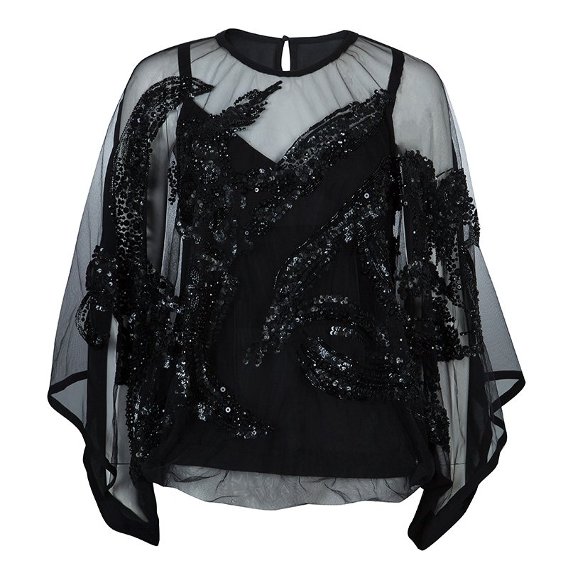 Elie Saab Black Mesh Overlay Sequin Embellished Top L