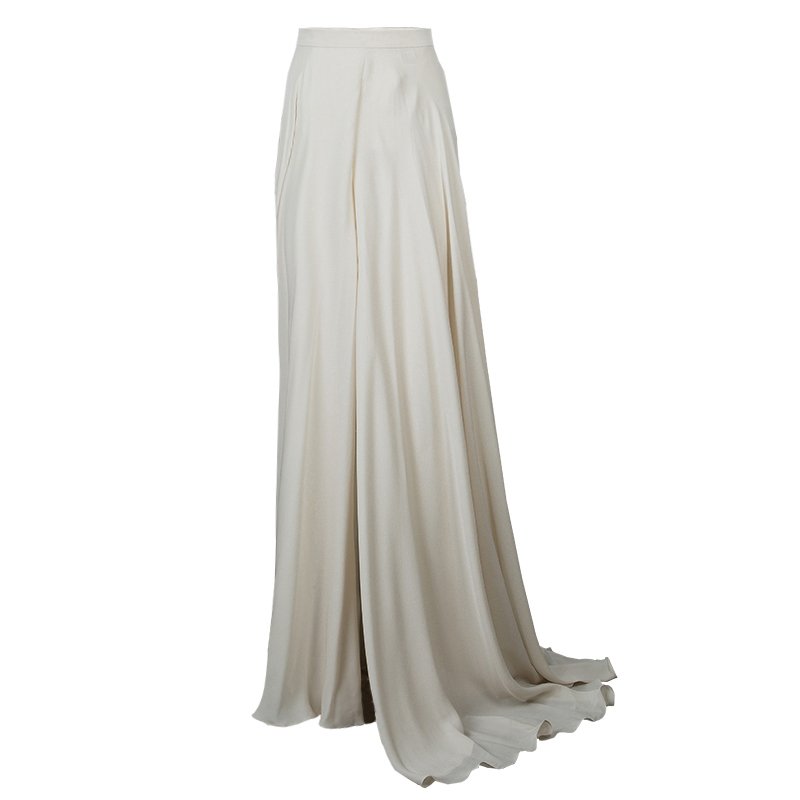 Pre Owned Elie Saab Cream Double Front Slit Detail Silk Maxi Skirt S
